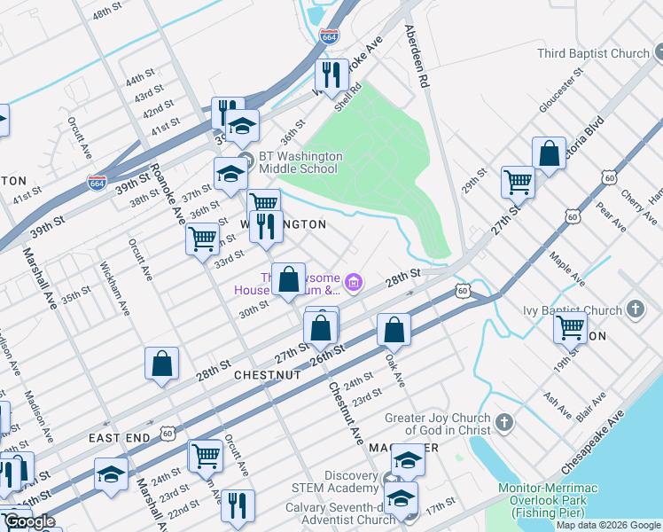 map of restaurants, bars, coffee shops, grocery stores, and more near 1314 30th Street in Newport News