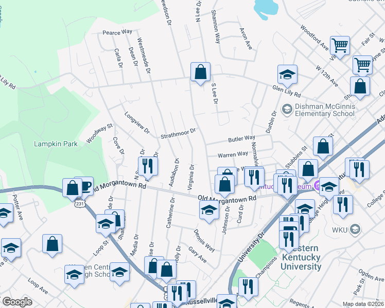 map of restaurants, bars, coffee shops, grocery stores, and more near 1549 Virginia Drive in Bowling Green
