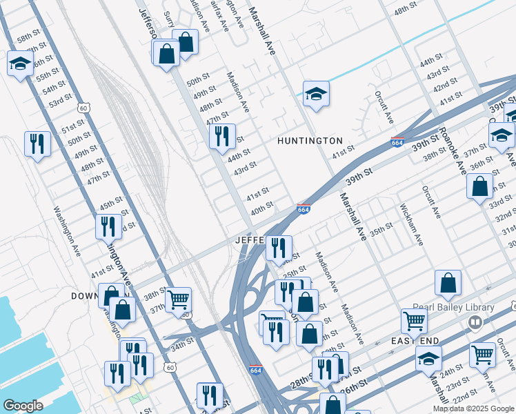 map of restaurants, bars, coffee shops, grocery stores, and more near 621 40th Street in Newport News