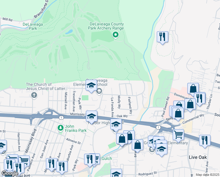 map of restaurants, bars, coffee shops, grocery stores, and more near 887 Prospect Heights in Santa Cruz