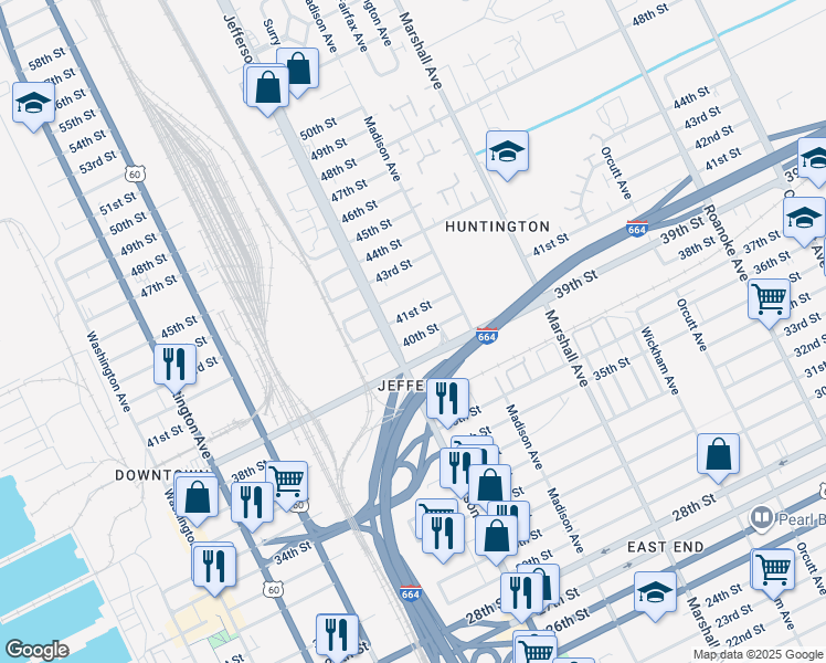 map of restaurants, bars, coffee shops, grocery stores, and more near 621 40th Street in Newport News