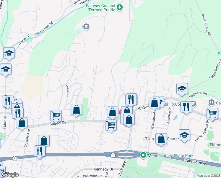 map of restaurants, bars, coffee shops, grocery stores, and more near 3390 Ashwood Way in Soquel