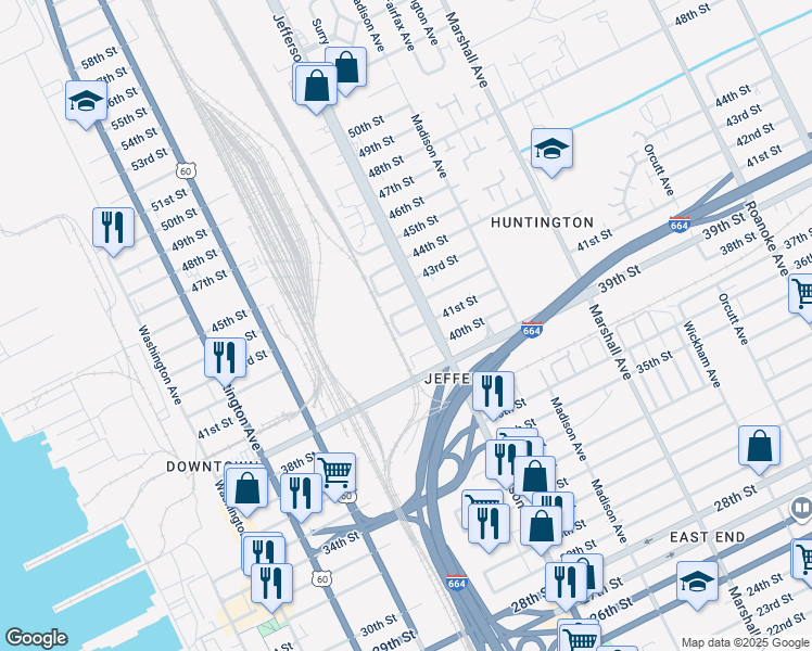 map of restaurants, bars, coffee shops, grocery stores, and more near 551 41st Street in Newport News