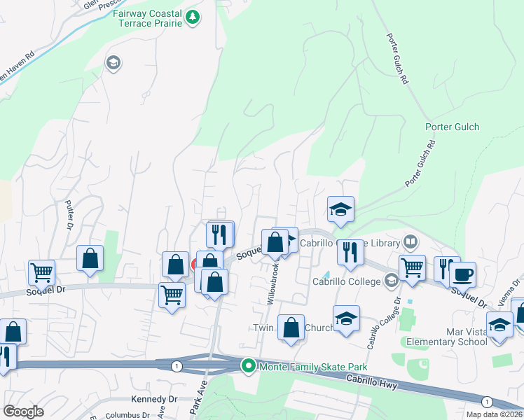 map of restaurants, bars, coffee shops, grocery stores, and more near 3108 McGlenn Drive in Aptos