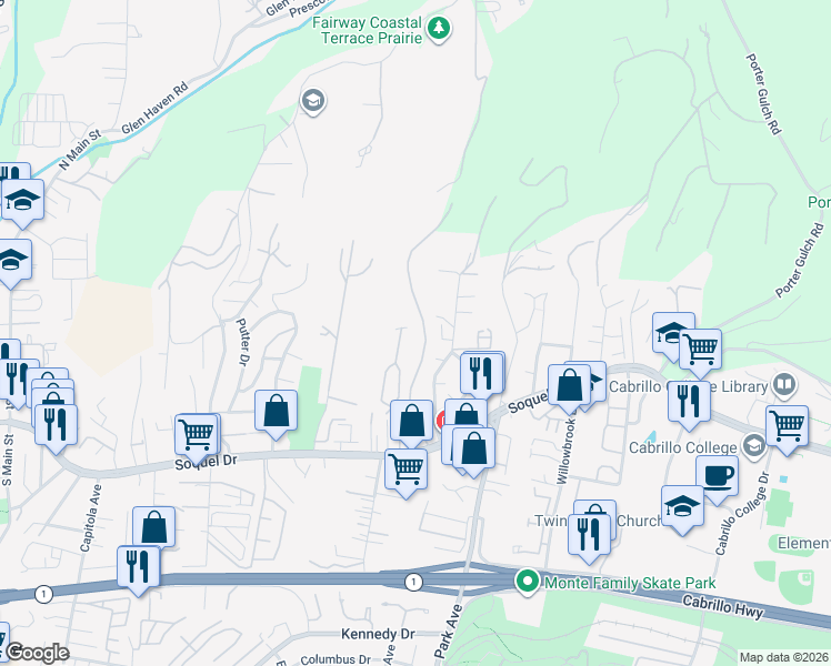 map of restaurants, bars, coffee shops, grocery stores, and more near 3382 Ashwood Way in Soquel