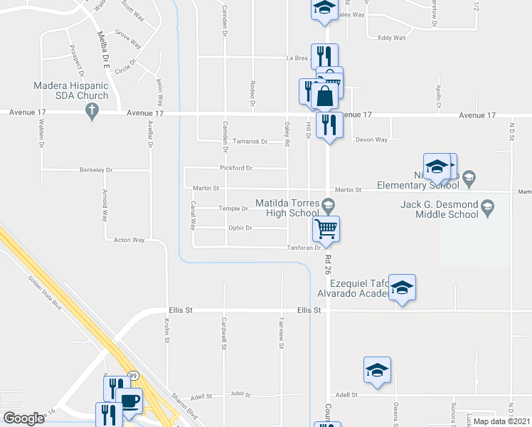 map of restaurants, bars, coffee shops, grocery stores, and more near 25792 Temple Drive in Madera