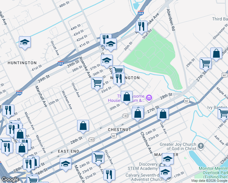 map of restaurants, bars, coffee shops, grocery stores, and more near 1147 32nd Street in Newport News