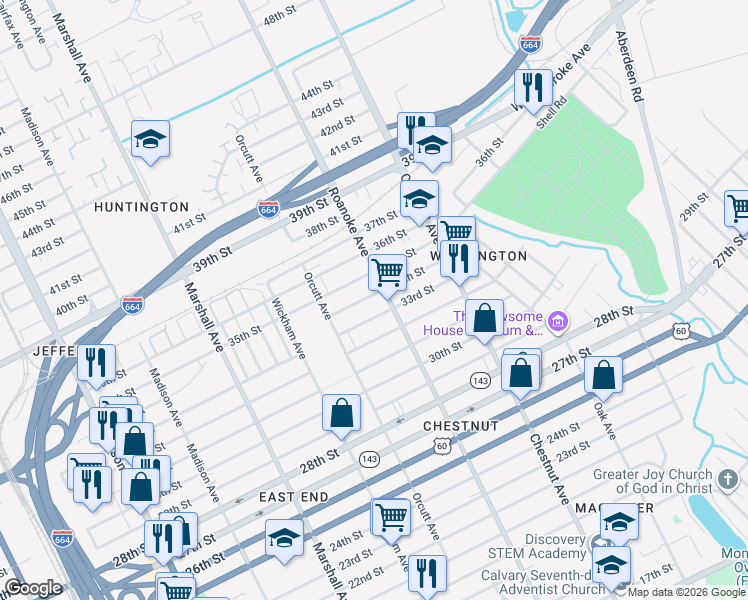 map of restaurants, bars, coffee shops, grocery stores, and more near 1044 34th Street in Newport News
