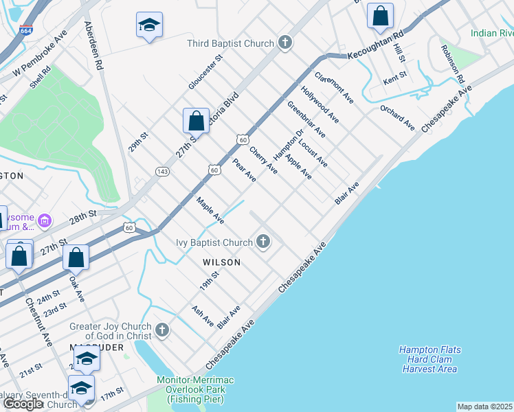 map of restaurants, bars, coffee shops, grocery stores, and more near 116 Park Avenue in Newport News