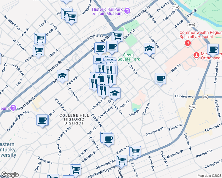 map of restaurants, bars, coffee shops, grocery stores, and more near 522 Morris Alley in Bowling Green