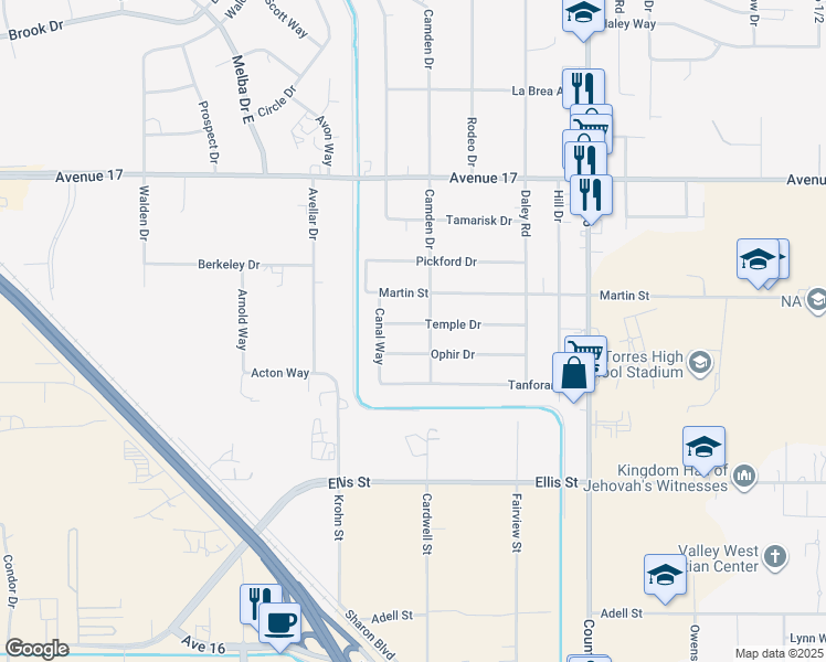 map of restaurants, bars, coffee shops, grocery stores, and more near 25624 Temple Drive in Madera
