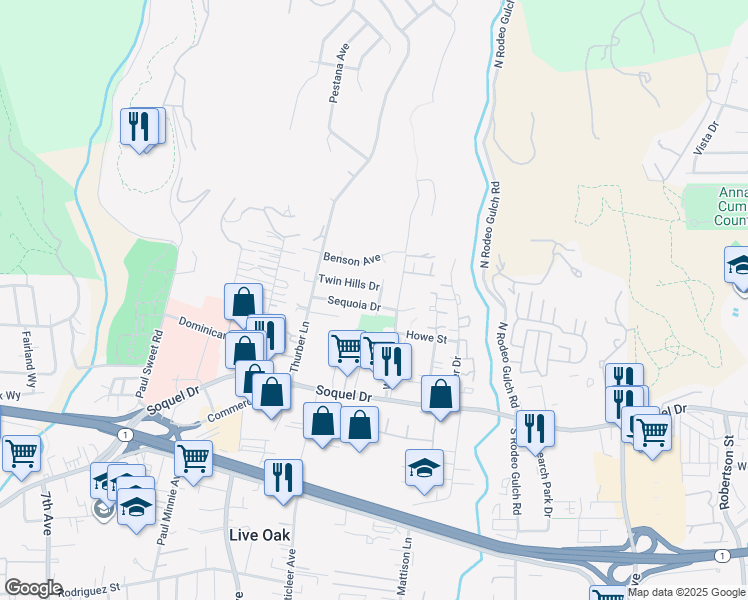 map of restaurants, bars, coffee shops, grocery stores, and more near 2255 Sequoia Drive in Santa Cruz