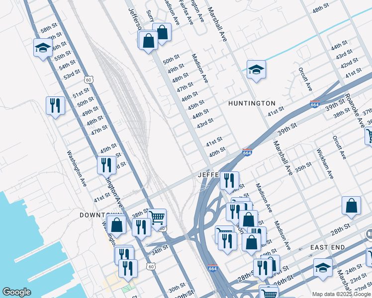 map of restaurants, bars, coffee shops, grocery stores, and more near 4108 Hines Avenue in Newport News