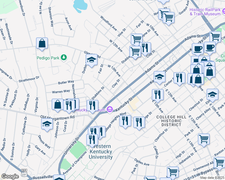 map of restaurants, bars, coffee shops, grocery stores, and more near 1362 Clay Street in Bowling Green