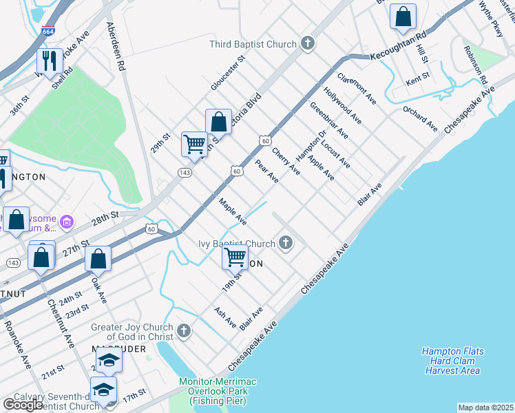 map of restaurants, bars, coffee shops, grocery stores, and more near 1890 Hampton Avenue in Newport News