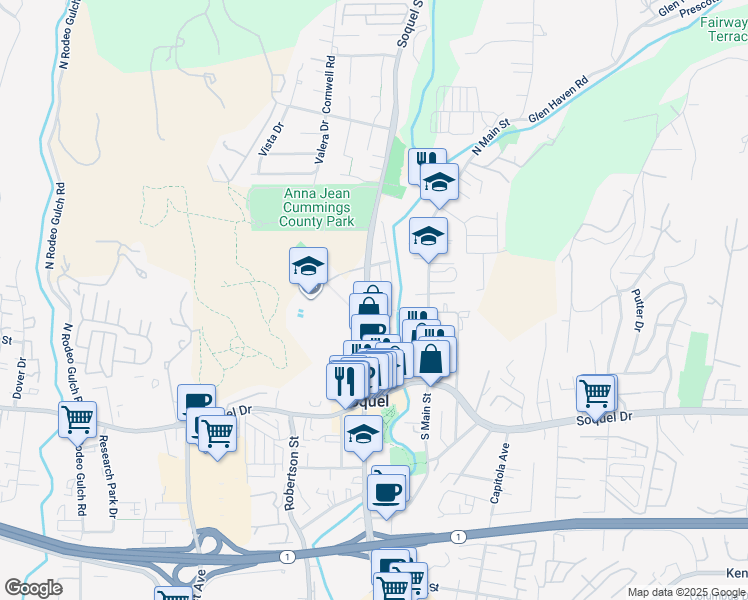 map of restaurants, bars, coffee shops, grocery stores, and more near 3255 Oneill Court in Soquel