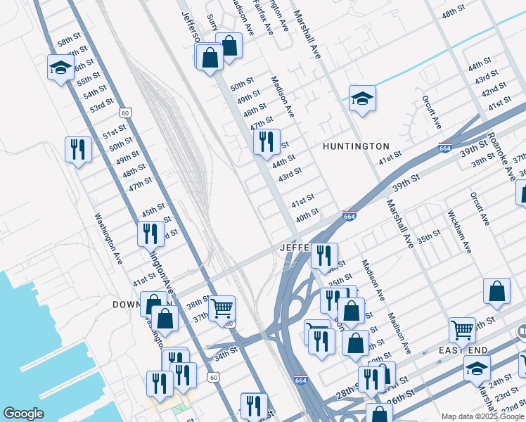 map of restaurants, bars, coffee shops, grocery stores, and more near 4108 Hines Avenue in Newport News