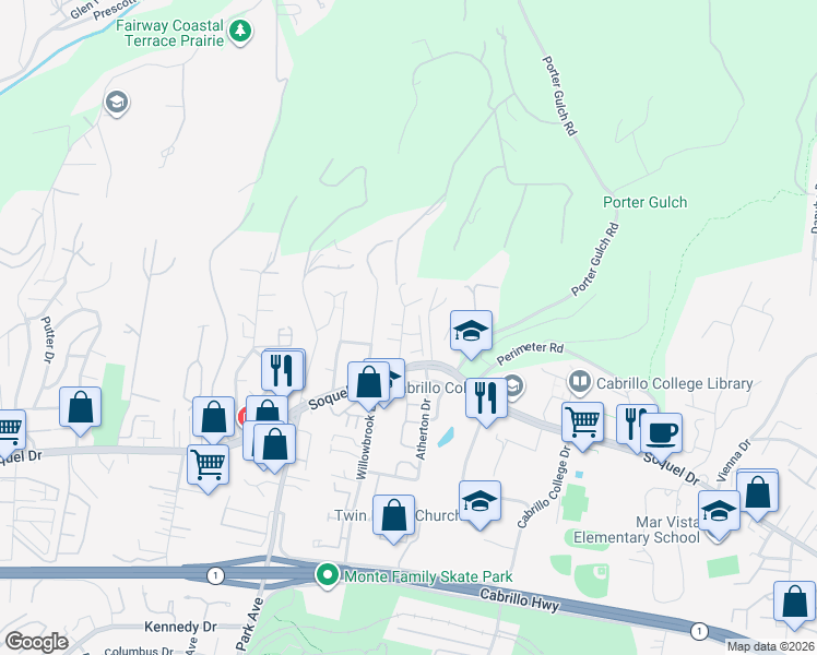 map of restaurants, bars, coffee shops, grocery stores, and more near 3110 Corte Cabrillo in Aptos