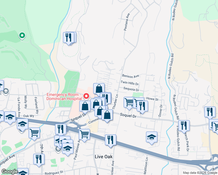 map of restaurants, bars, coffee shops, grocery stores, and more near 3350 Mission Drive in Santa Cruz