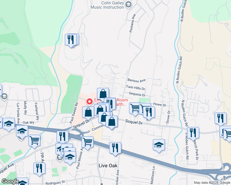 map of restaurants, bars, coffee shops, grocery stores, and more near 3350 Mission Drive in Santa Cruz