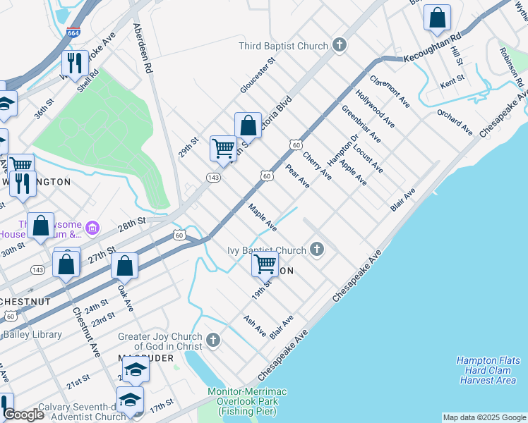 map of restaurants, bars, coffee shops, grocery stores, and more near 215 Maple Avenue in Newport News