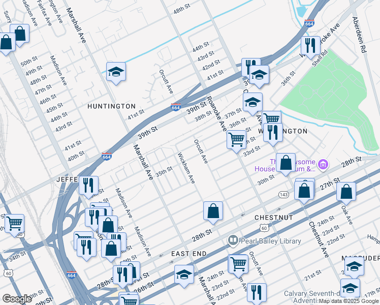 map of restaurants, bars, coffee shops, grocery stores, and more near 900 36th Street in Newport News