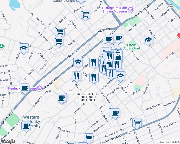 map of restaurants, bars, coffee shops, grocery stores, and more near 1146 College Street in Bowling Green