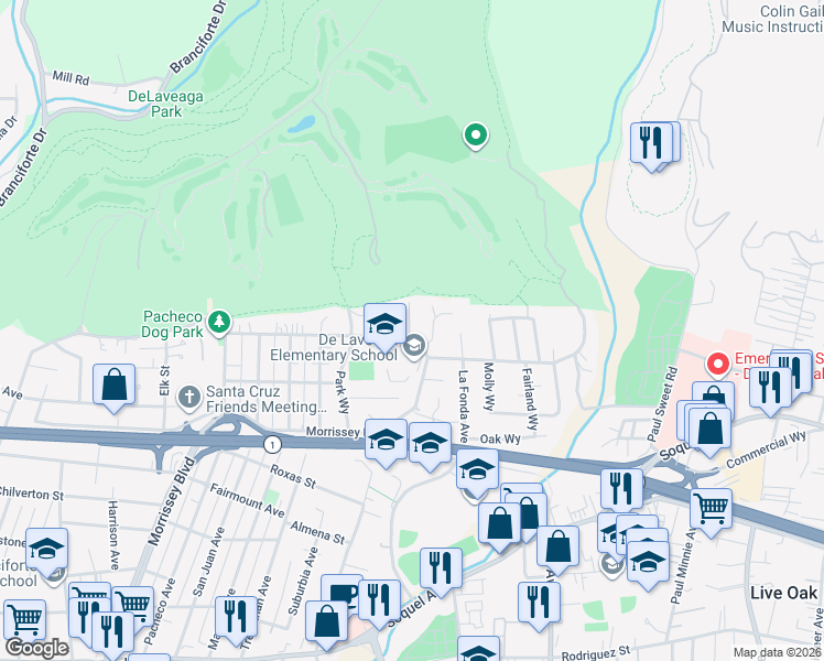 map of restaurants, bars, coffee shops, grocery stores, and more near 761 Prospect Heights in Santa Cruz