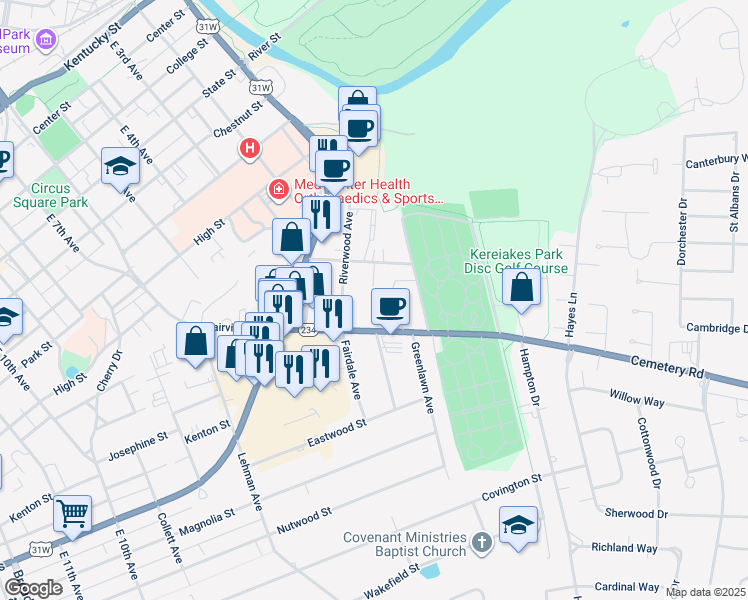 map of restaurants, bars, coffee shops, grocery stores, and more near 1118 Fairview Avenue in Bowling Green