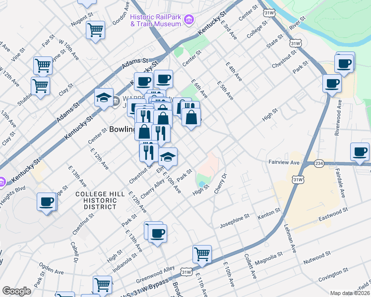 map of restaurants, bars, coffee shops, grocery stores, and more near 554 East Main Avenue in Bowling Green