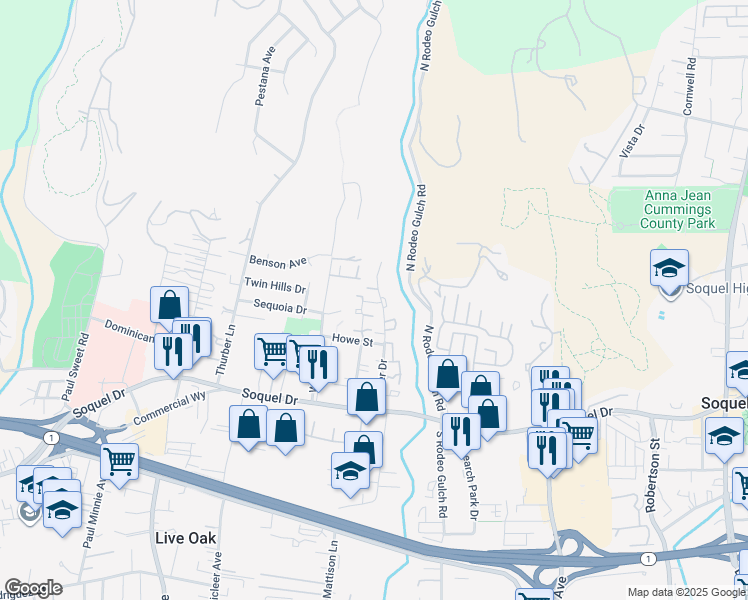 map of restaurants, bars, coffee shops, grocery stores, and more near 2607 Mallory Lane in Santa Cruz