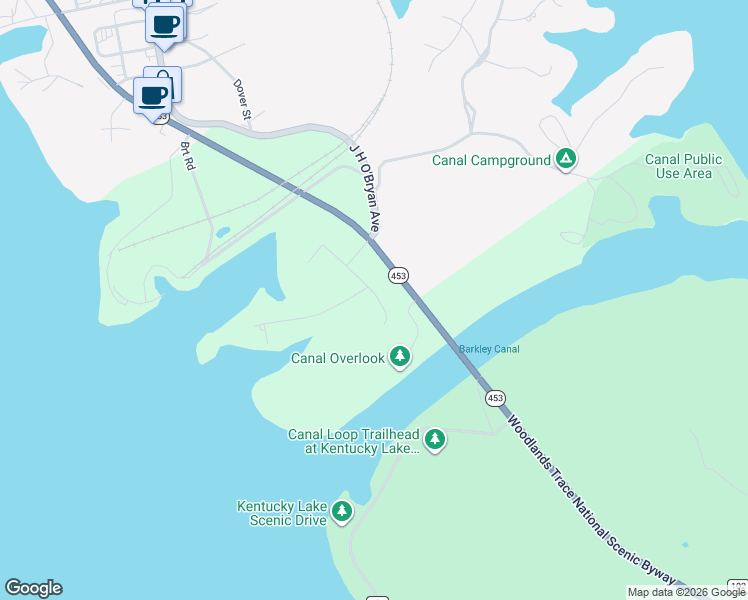 map of restaurants, bars, coffee shops, grocery stores, and more near Dover Road in Grand Rivers