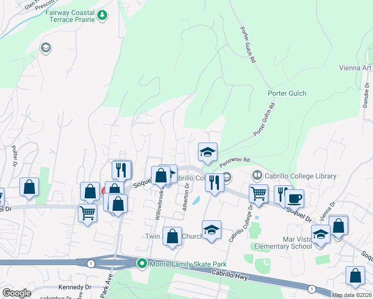 map of restaurants, bars, coffee shops, grocery stores, and more near 120 Fife Lane in Aptos