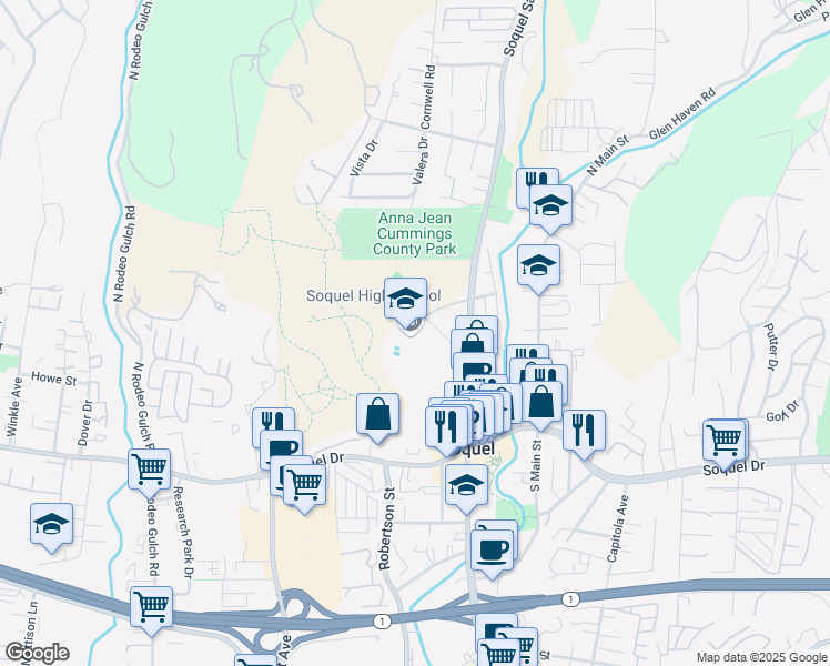 map of restaurants, bars, coffee shops, grocery stores, and more near 401 Soquel San Jose Road in Soquel