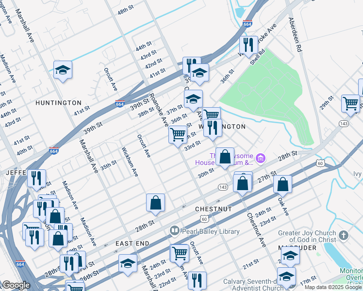 map of restaurants, bars, coffee shops, grocery stores, and more near 1116 33rd Street in Newport News