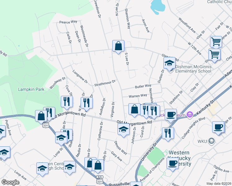 map of restaurants, bars, coffee shops, grocery stores, and more near 1532 Virginia Drive in Bowling Green