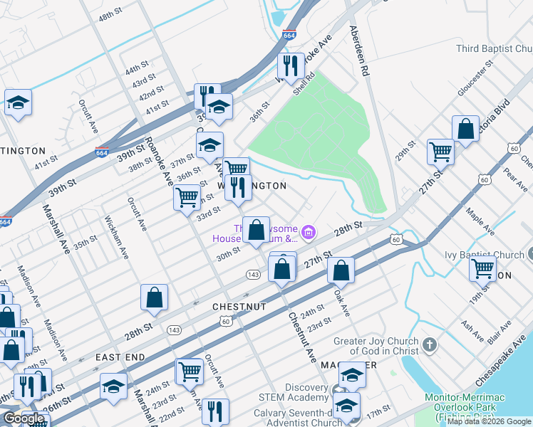 map of restaurants, bars, coffee shops, grocery stores, and more near 1236 31st Street in Newport News