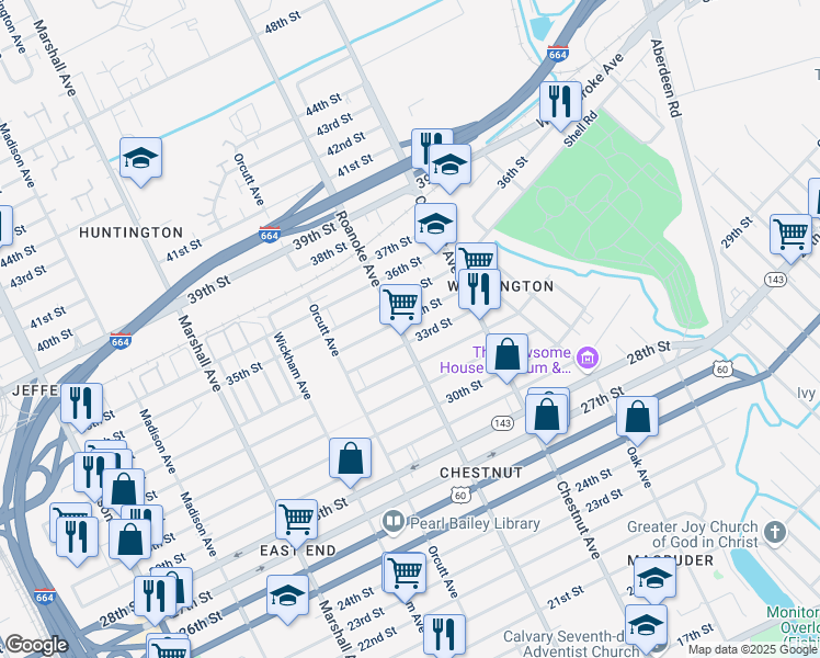 map of restaurants, bars, coffee shops, grocery stores, and more near 1116 33rd Street in Newport News