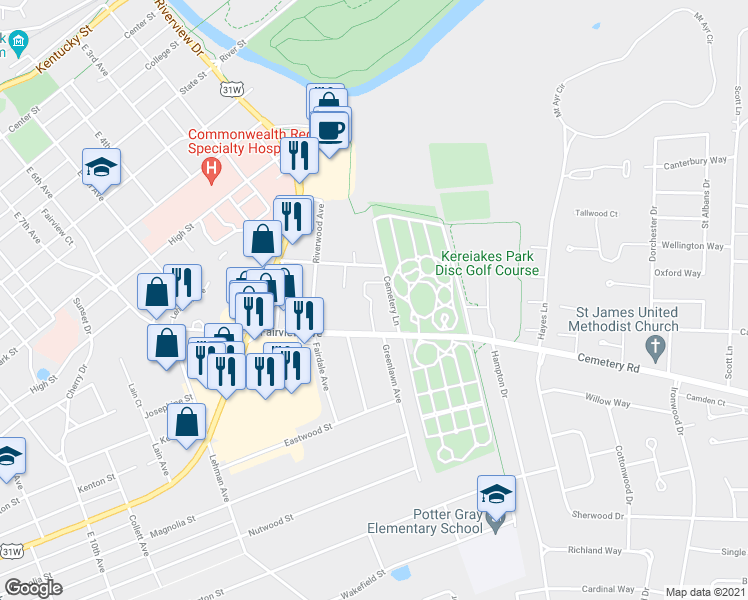 map of restaurants, bars, coffee shops, grocery stores, and more near 1132 Fairview Avenue in Bowling Green