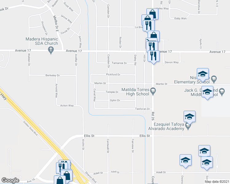 map of restaurants, bars, coffee shops, grocery stores, and more near 25716 Temple Drive in Madera