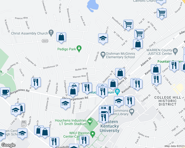 map of restaurants, bars, coffee shops, grocery stores, and more near 255 Warren Way in Bowling Green