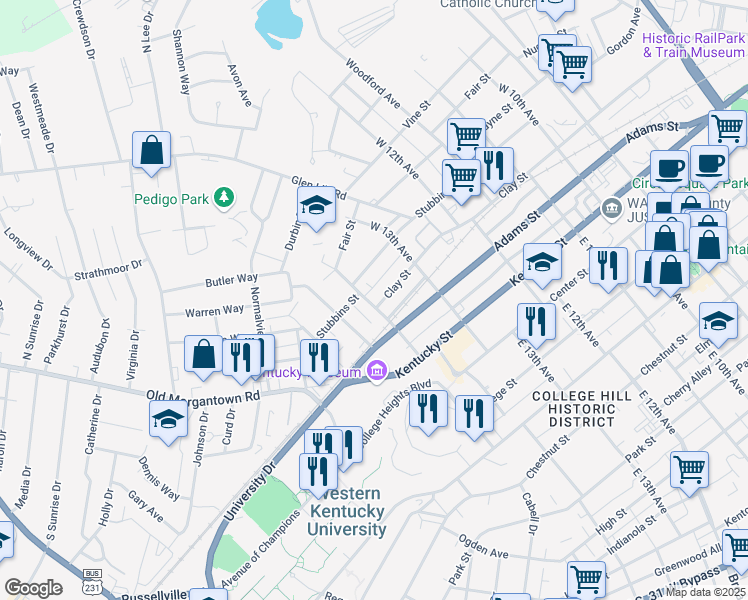 map of restaurants, bars, coffee shops, grocery stores, and more near 1367 Clay Street in Bowling Green