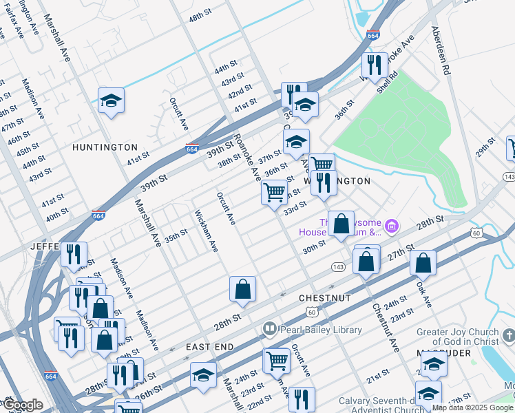 map of restaurants, bars, coffee shops, grocery stores, and more near 1041 34th Street in Newport News