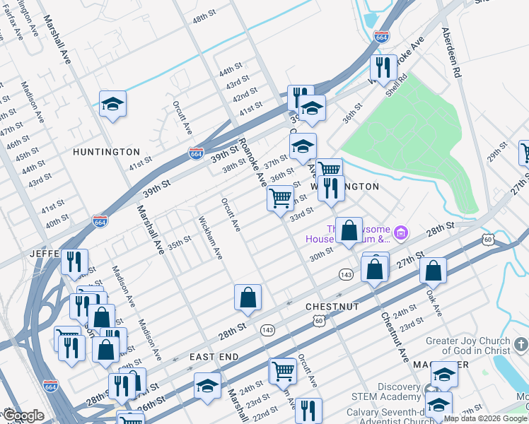 map of restaurants, bars, coffee shops, grocery stores, and more near 1044 34th Street in Newport News