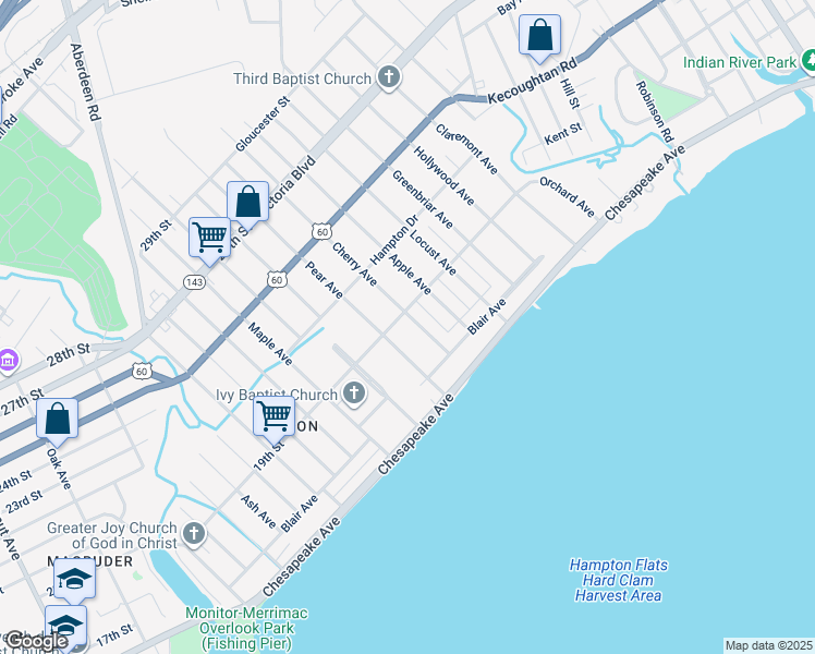 map of restaurants, bars, coffee shops, grocery stores, and more near 67 Cherry Avenue in Hampton