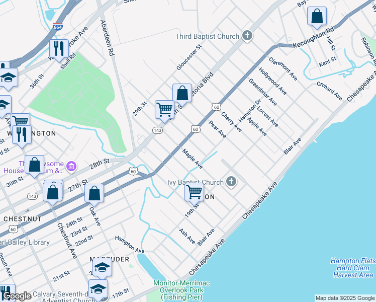 map of restaurants, bars, coffee shops, grocery stores, and more near 230 Maple Avenue in Newport News