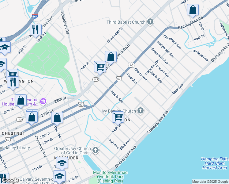 map of restaurants, bars, coffee shops, grocery stores, and more near 230 Maple Avenue in Newport News