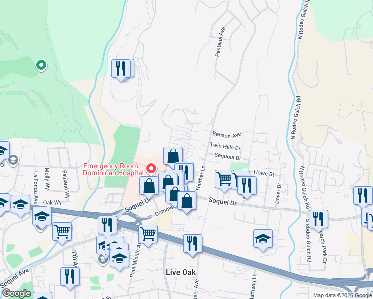 map of restaurants, bars, coffee shops, grocery stores, and more near 3350 Mission Drive in Santa Cruz