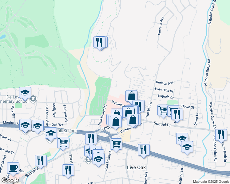 map of restaurants, bars, coffee shops, grocery stores, and more near 1555 Dominican Way in Santa Cruz