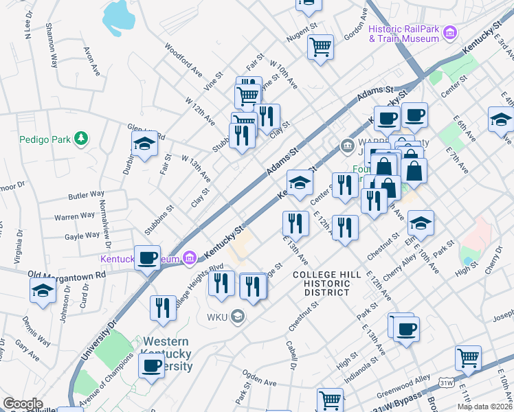map of restaurants, bars, coffee shops, grocery stores, and more near 110 East 13th Avenue in Bowling Green